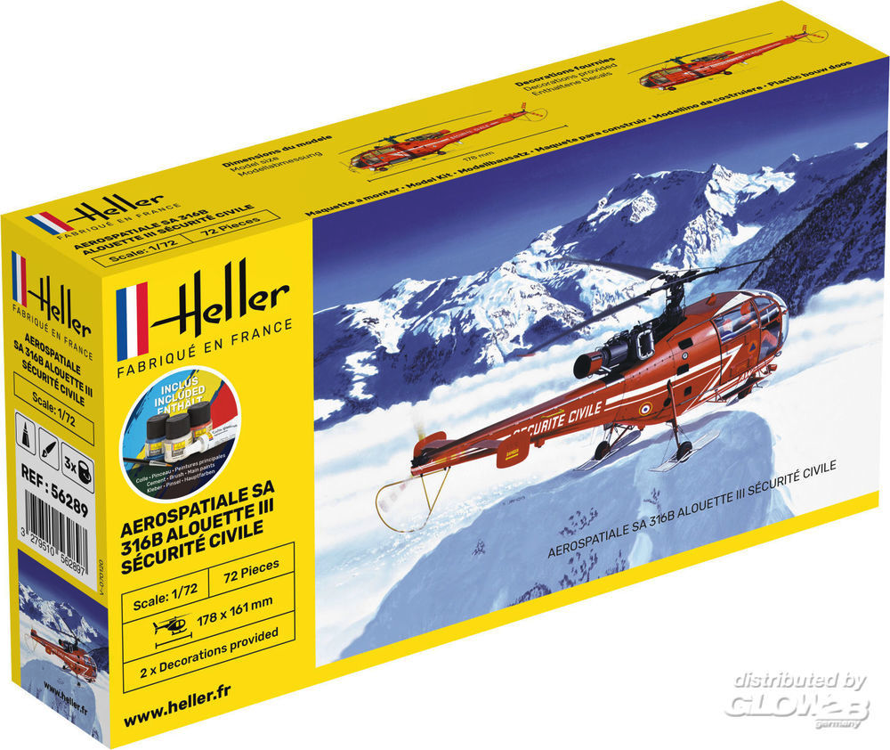 Maquette Hélicoptère Alouette III Sécurité Civile Heller - Échelle 1/72 - 72 Pièces Avec Peintures Et Colle - À Monter (17,8 X 16,1 Cm Monté)